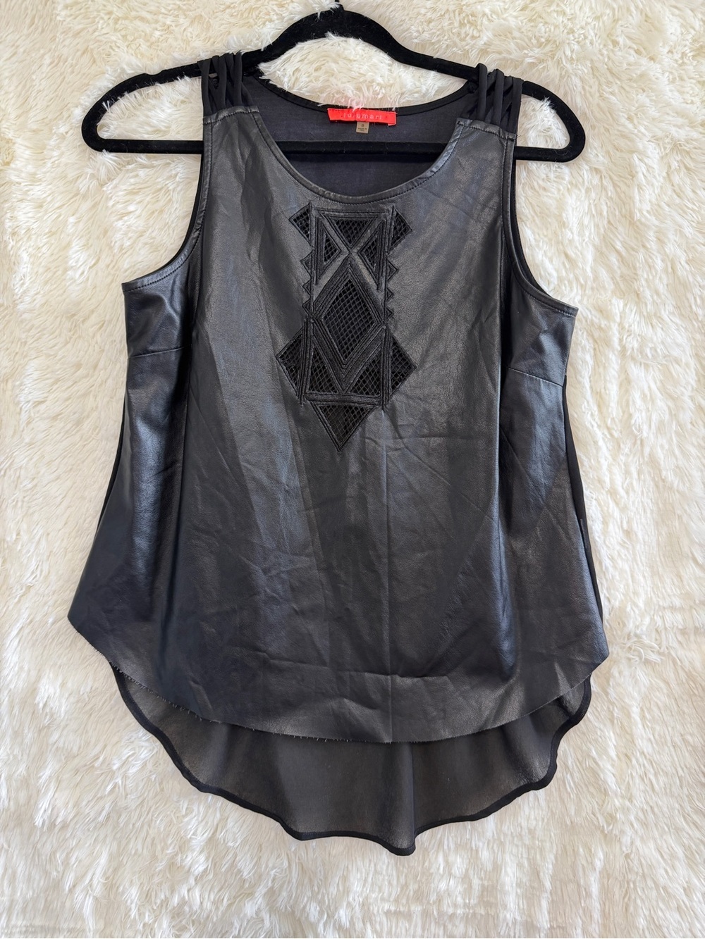 Lulumari Womens Whimsigoth Tank Top Size S Black Faux Leather Raw Hem Sheer Back